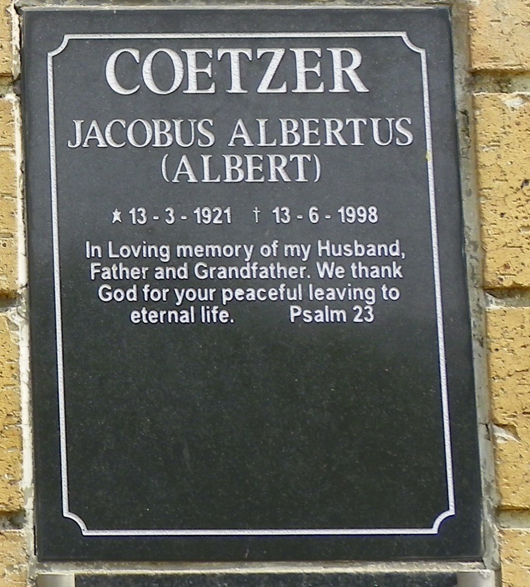 COETZER Jacobus Albertus 1921-1998
