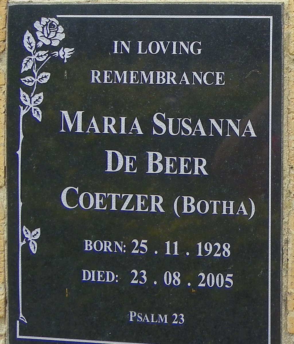 COETZER Maria Susanna De Beer nee BOTHA 1928-2005