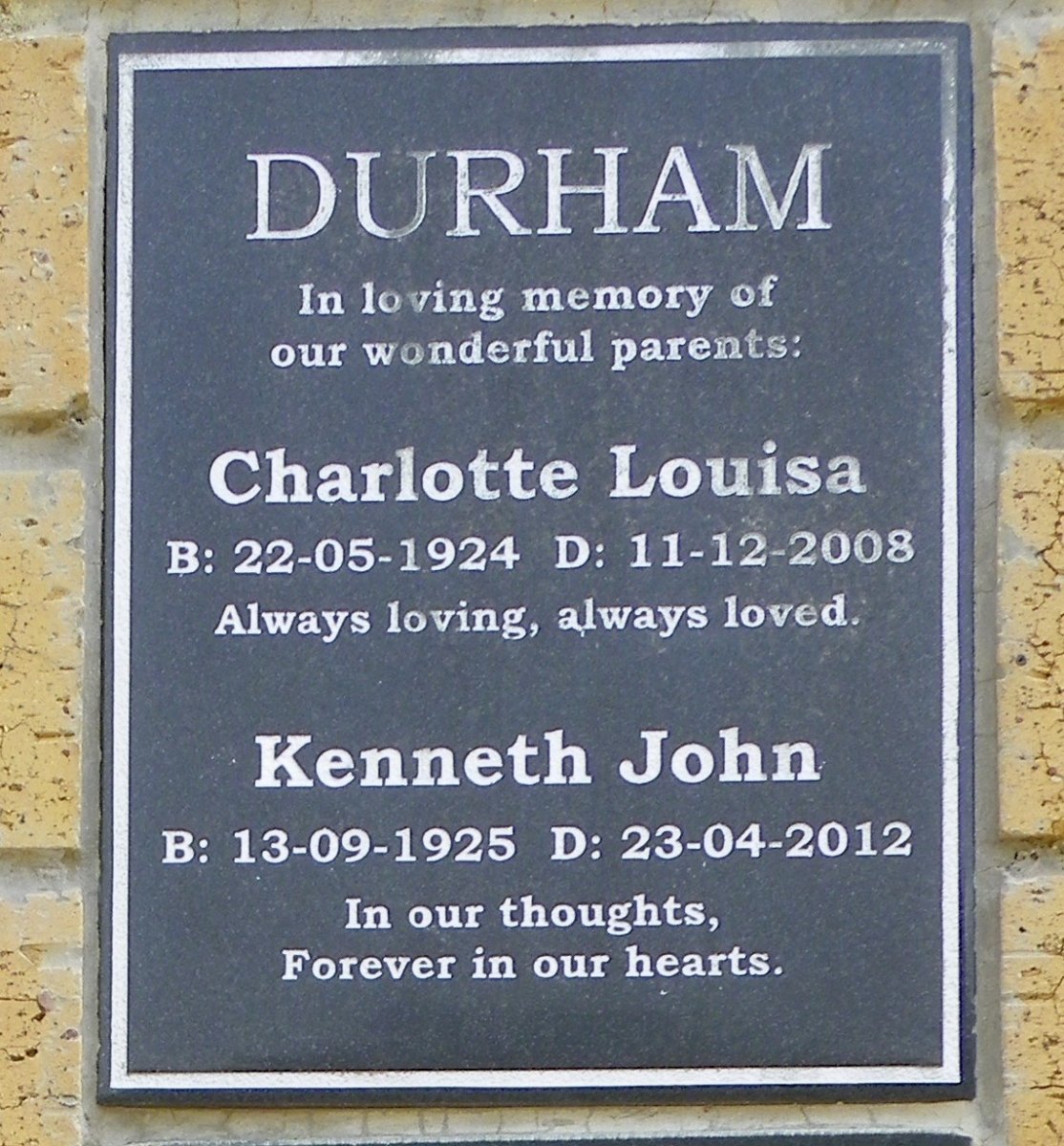 DURHAM Kenneth John 1925-2012 &amp; Charlotte Louisa 1924-2008
