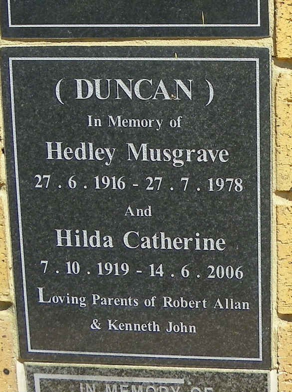 DUNCAN Hedley Musgrave 1916-1978 &amp; Hilda Catherine 1919-2006