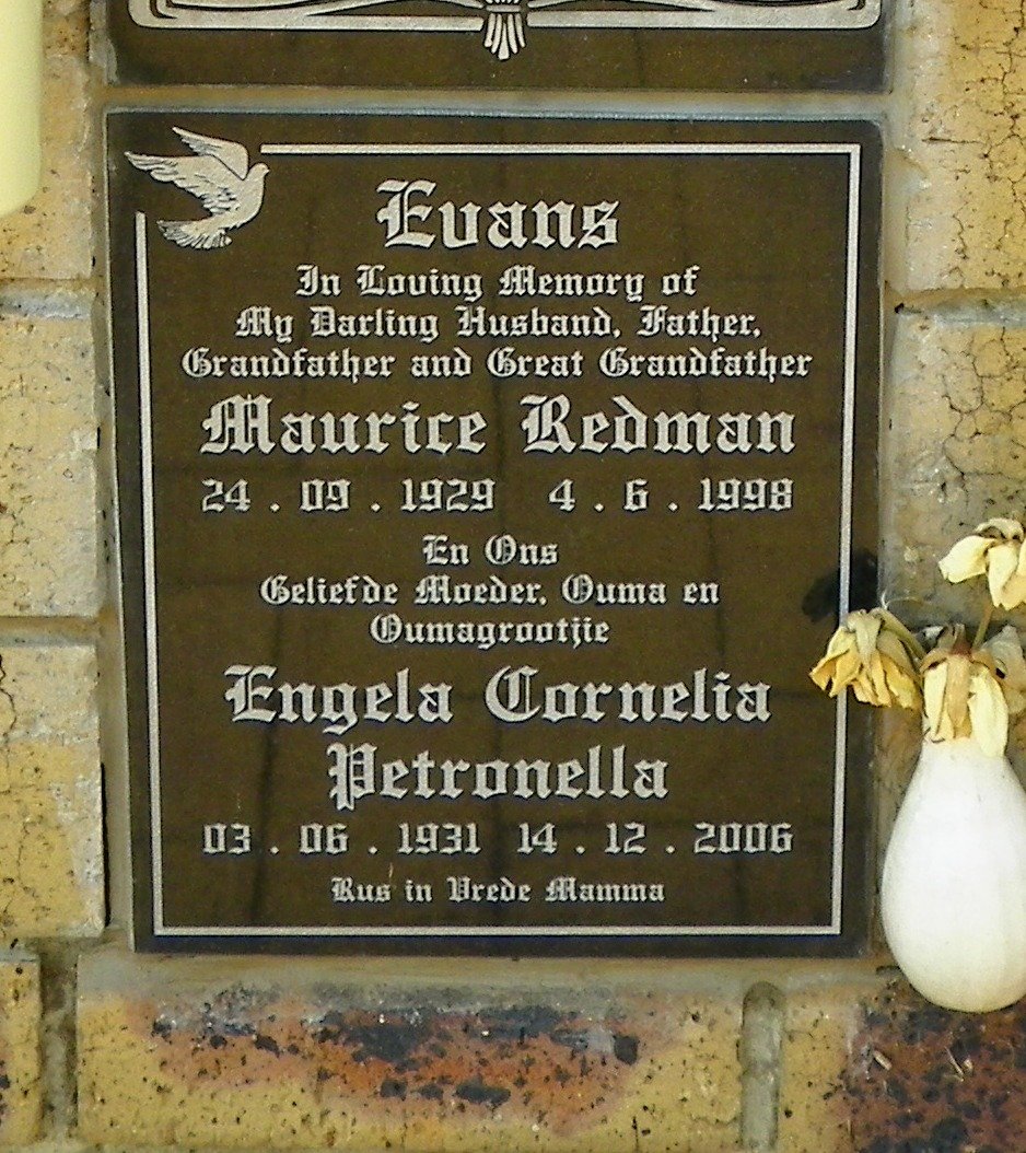 EVANS Maurice Redman 1929-1998 &amp; Engela Cornelia Petronella 1931-2006