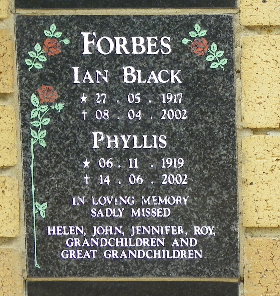 FORBES Ian Black 1917-2002 &amp; Phyllis 1919-2002