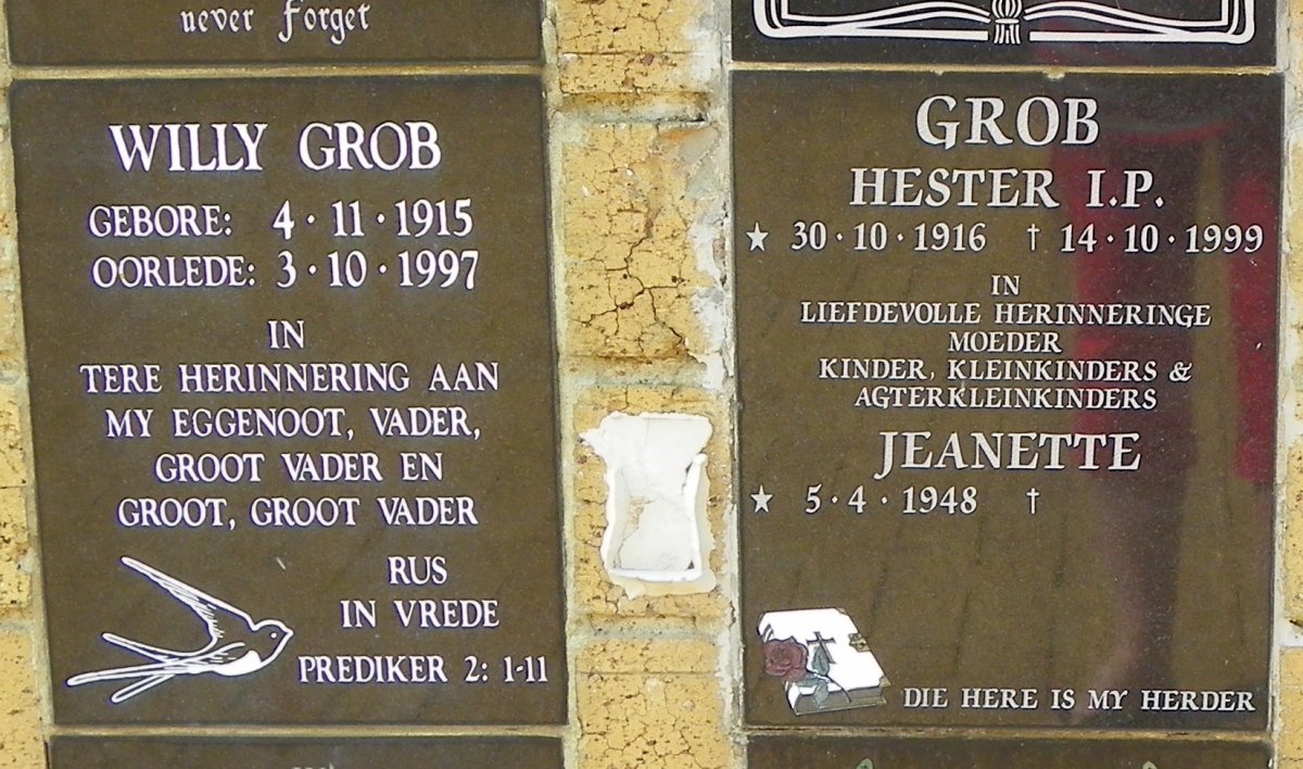 GROB Willy 1915-1997 &amp; Hester I.P. 1916-1999 :: GROB Jeanette 1948-