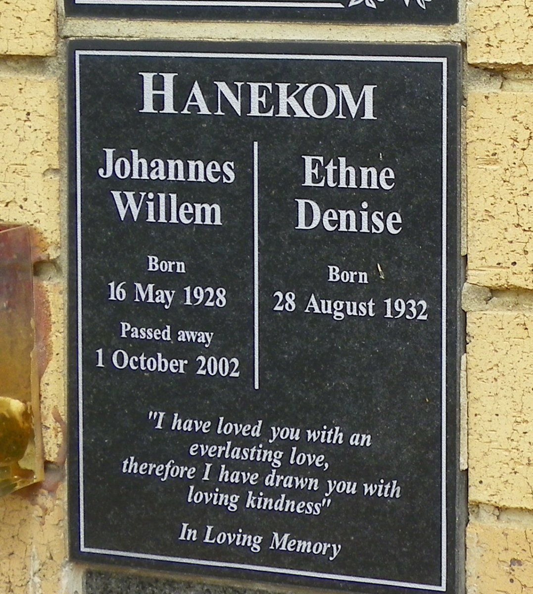 HANEKOM Johannes Willem 1928-2002 &amp; Ethne Denise 1932-