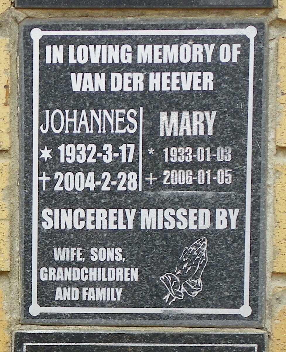 HEEVER Johannes, van der 1932-2004 &amp; Mary 1933-2006
