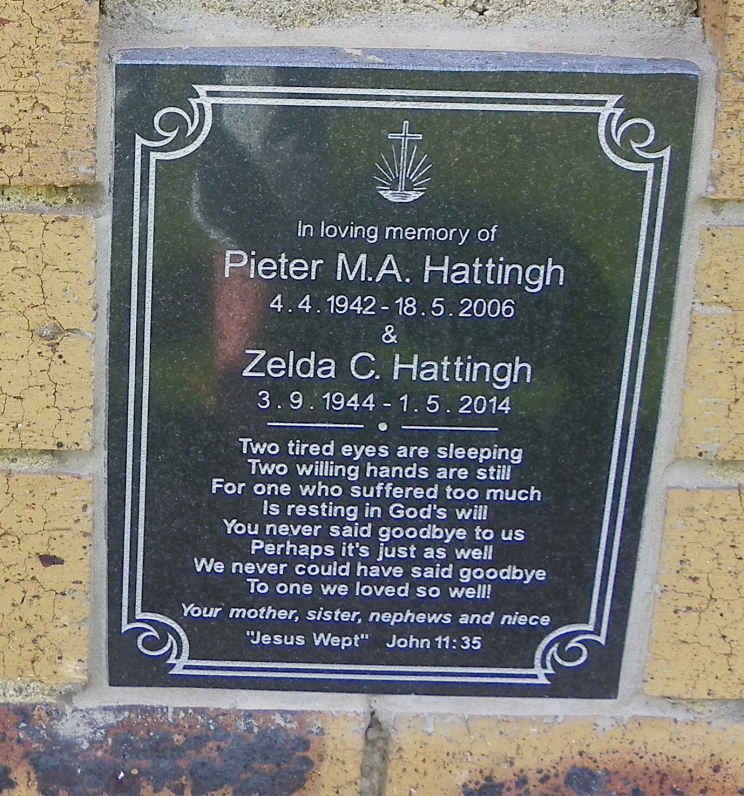 HATTINGH Pieter M.A. 1942-2006 &amp; Zelda C. 1944-2014