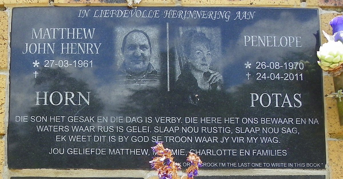 HORN Matthew John Henry 1961- &amp; Penelope POTAS 1970-2011