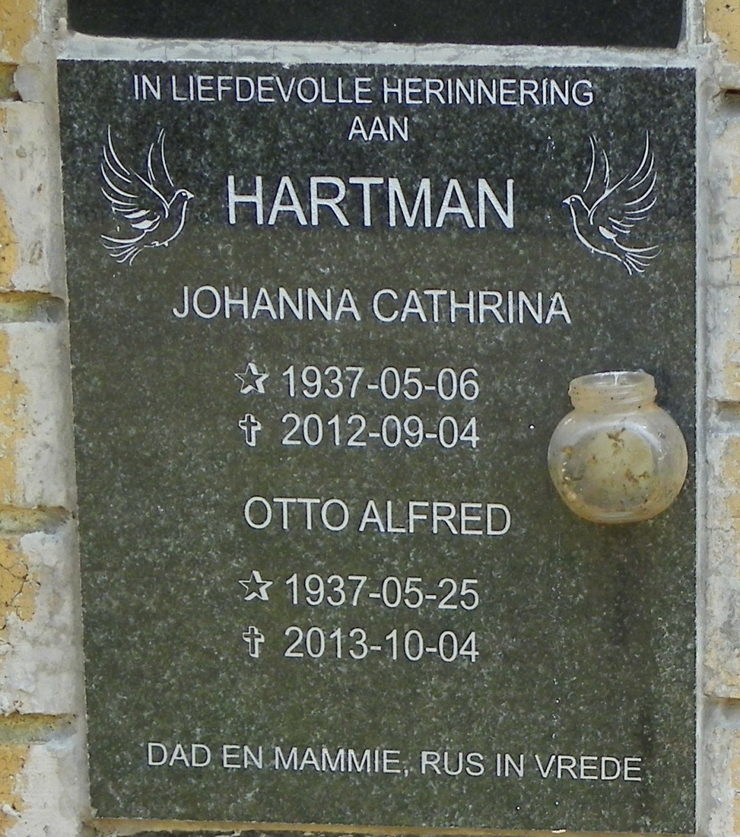 HARTMAN Otto Alfred 1937-2013 &amp; Johanna Cathrina 1937-2012