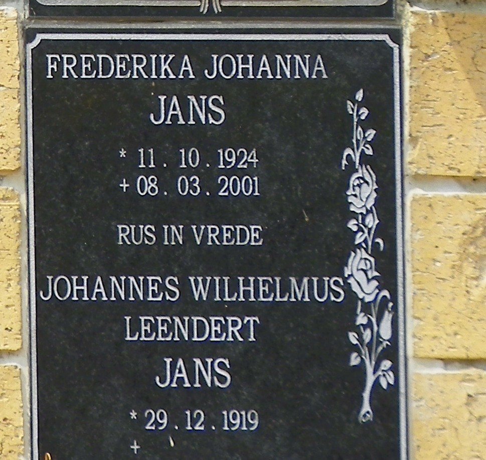 JANS Johannes Wilhelmus Leendert 1919- &amp; Frederika Johanna 1924-2001