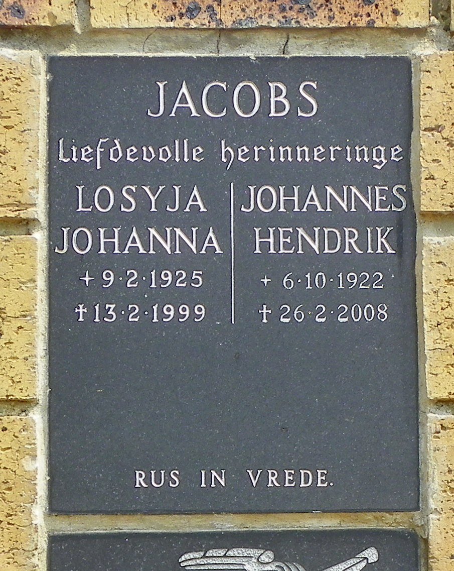 JACOBS Johannes Hendrik 1922-2008 &amp; Losyja Johanna 1925-1999