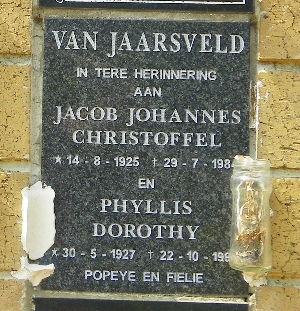 JAARSVELD Jacob Johannes Christoffel, van 1925-198? &amp; Phyllis Dorothy 1927-199?