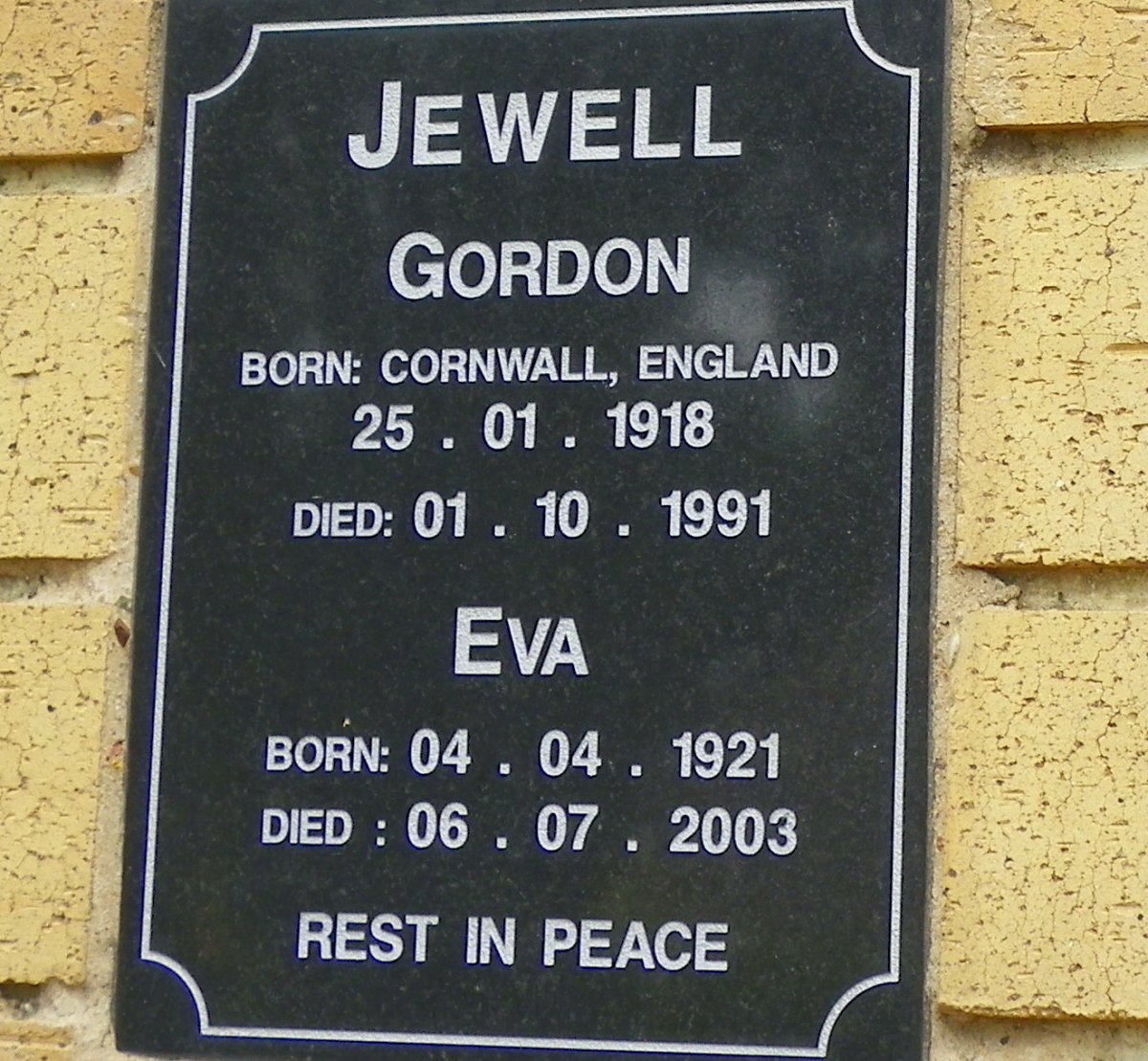 JEWELL Gordon 1918-1991 &amp; Eva 1921-2003