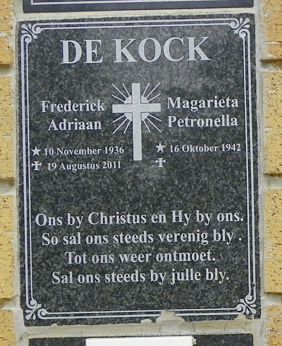 KOCK Frederick Adriaan, de 1936-2011 &amp; Magarieta Petronella 1942-