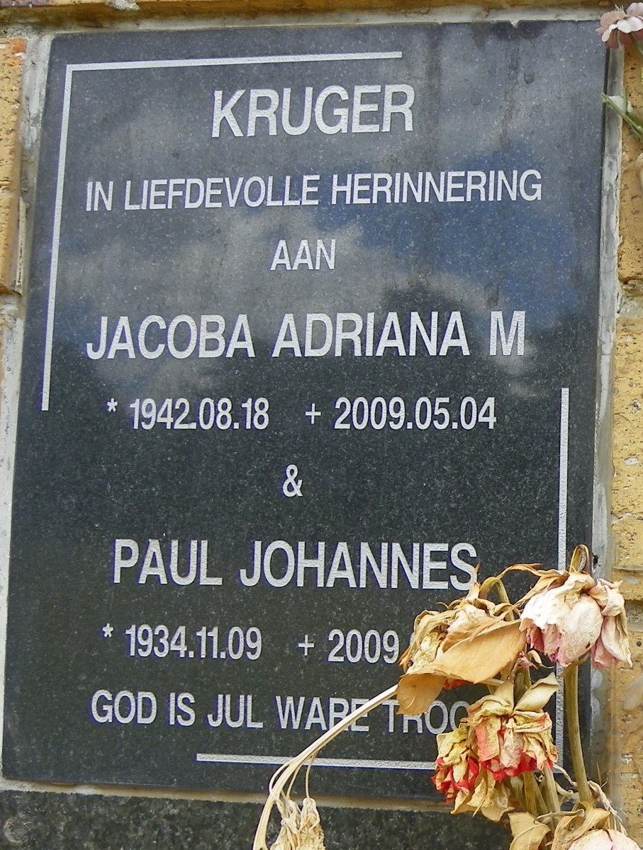 KRUGER Paul Johannes 1934-2009 &amp; Jacoba Adriana M. 1942-2009
