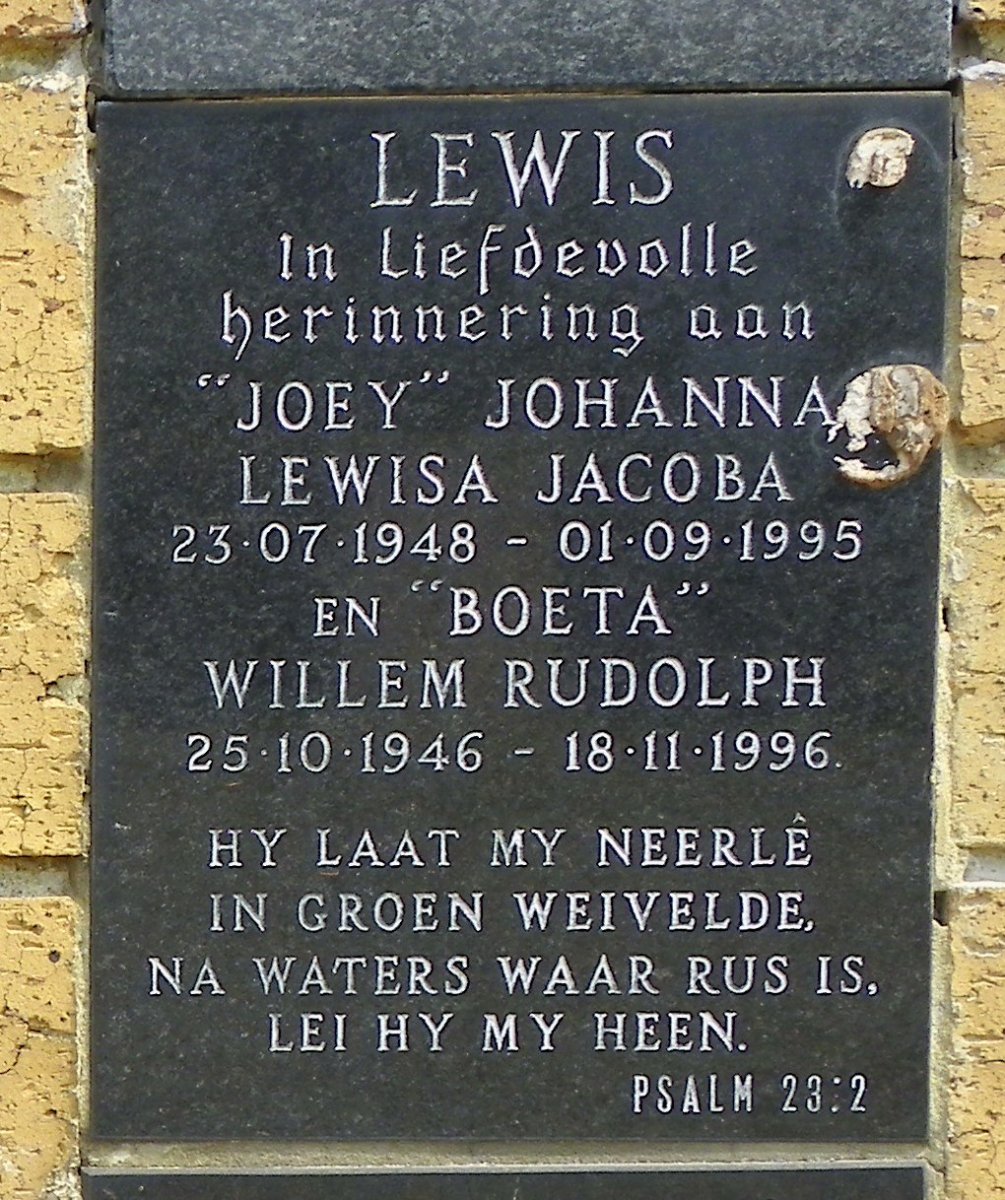 LEWIS Willem Rudolph 1946-1996 &amp; Johanna Lewisa Jacoba 1948-1995