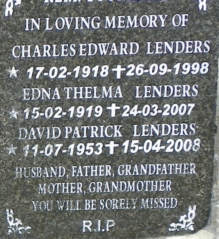 LENDERS Charles Edward 1918-1998 &amp; Edna Thelma 1919-2007 :: LENDERS David Patrick 1953-2008