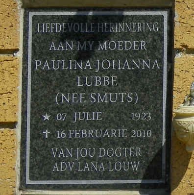 LUBBE Paulina Johanna nee SMUTS 1923-2010