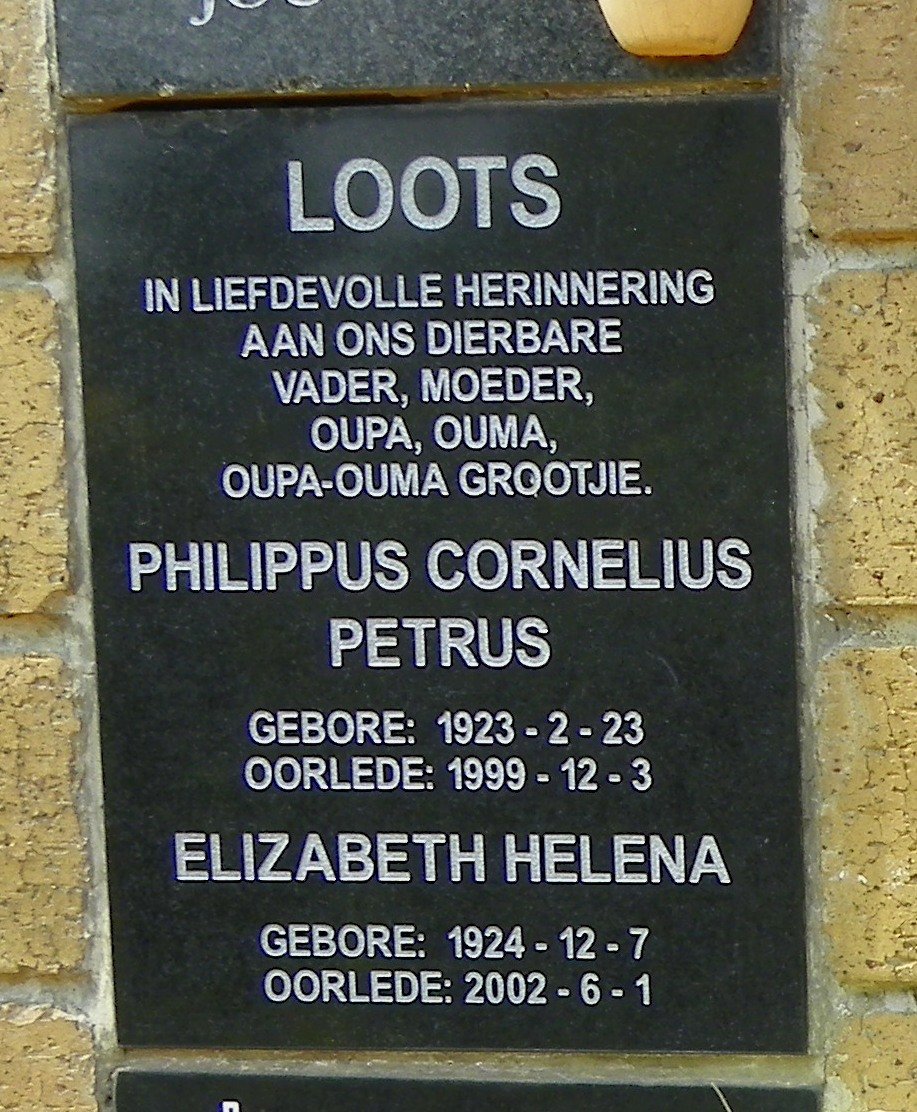 LOOTS Philippus Cornelius Petrus 1923-1999 &amp; Elizabeth Helena 1924-2002