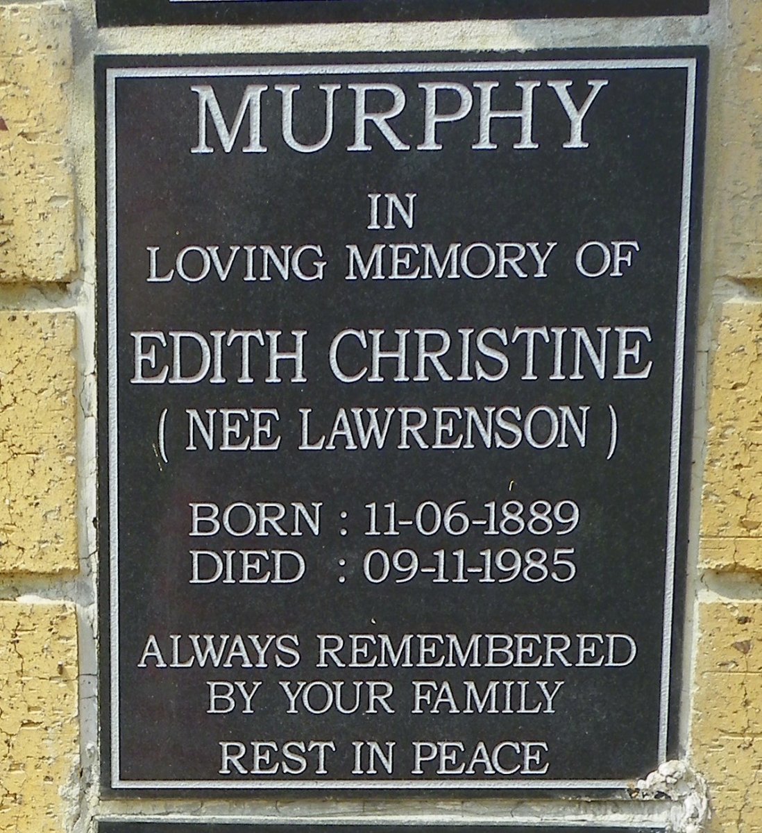 MURPHY Edith Christine nee LAWRENSON 1889-1985