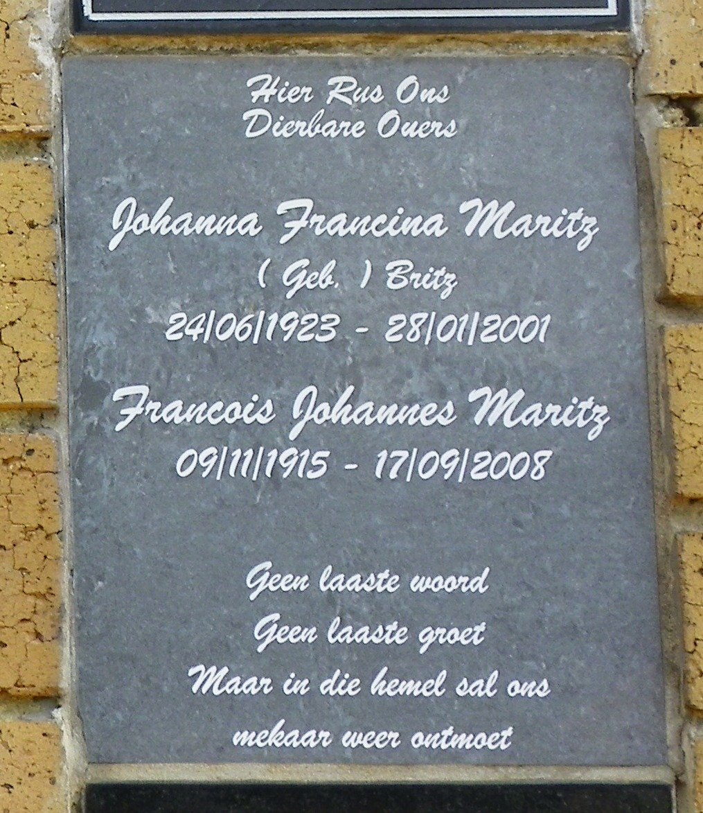 MARITZ Francois Johannes 1915-2008 &amp; Johanna Francina BRITZ 1923-2001