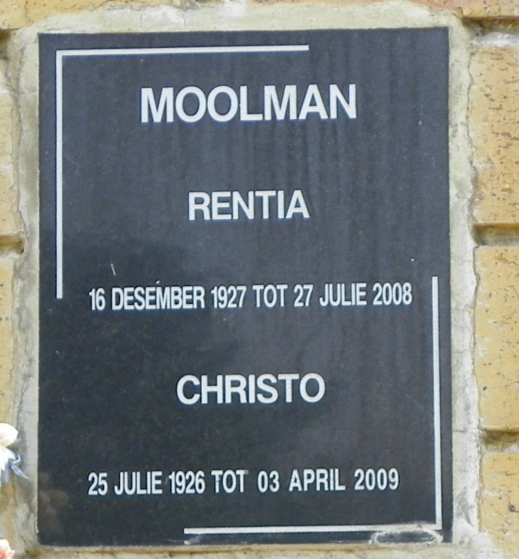 MOOLMAN Christo 1926-2009 &amp; Rentia 1927-2008