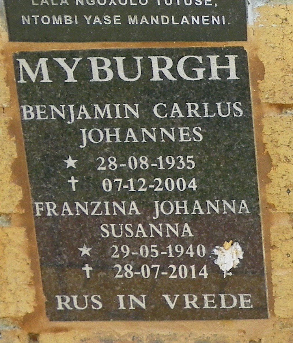 MYBURGH Benjamin Carlus Johannes 1935-2004 &amp; Franzina Johanna Susanna 1940-2014