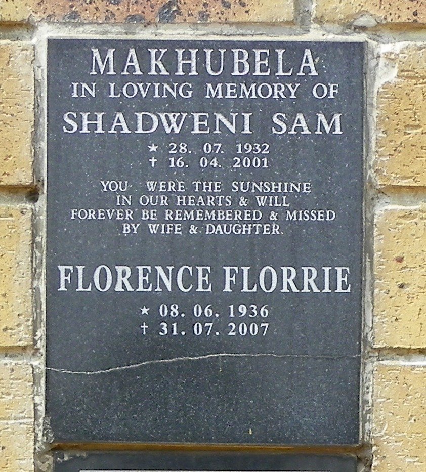 MAKHUBELA Shadweni Sam 1932-2001 &amp; Florence Florrie 1936-2007