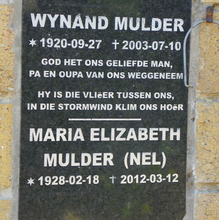 MULDER Wynand 1920-2003 &amp; Maria Elizabeth NEL 1928-2012