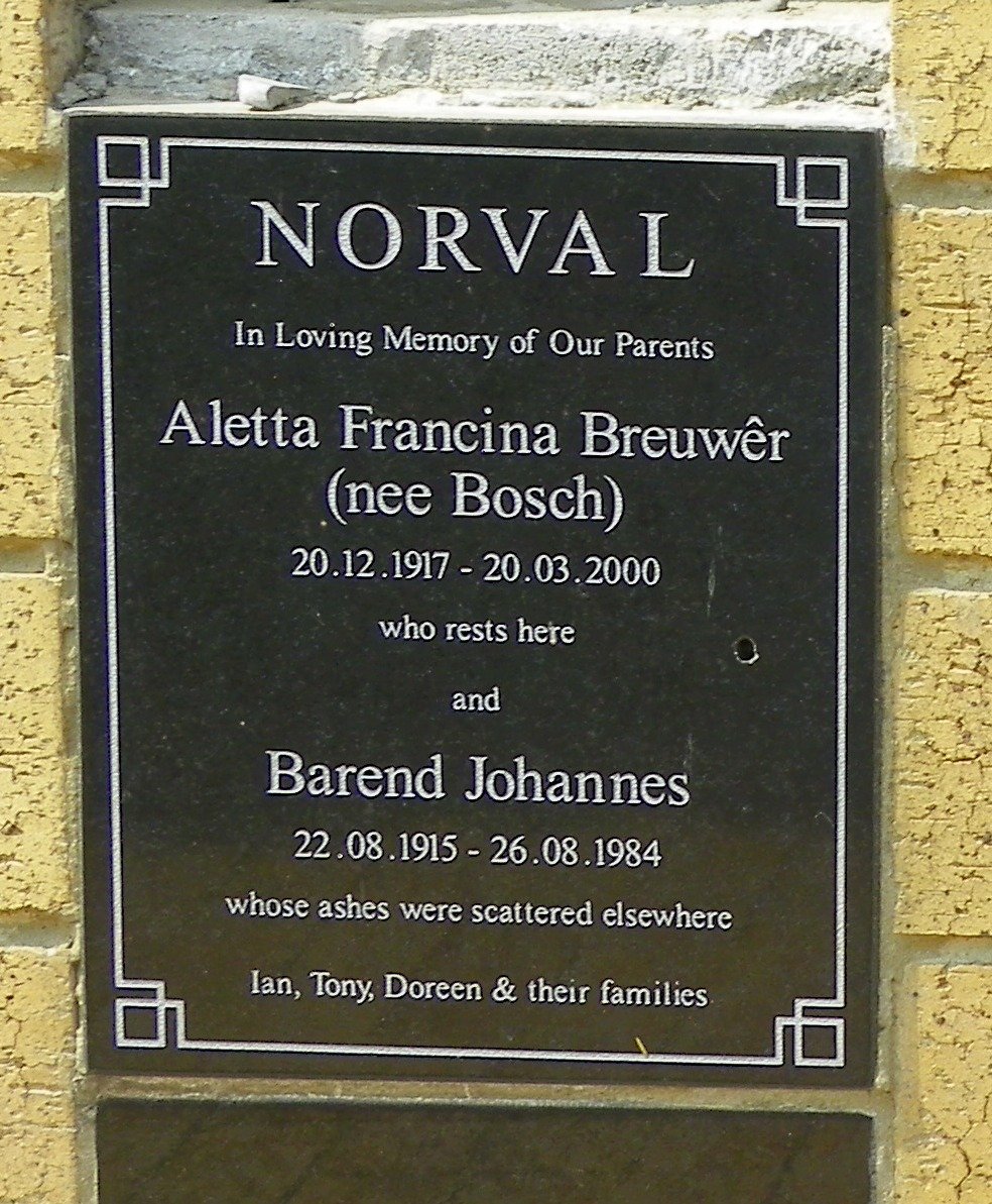 NORVAL Barend Johannes 1915-1984 &amp; Aletta Francina Breuwêr BOSCH 1917-2000