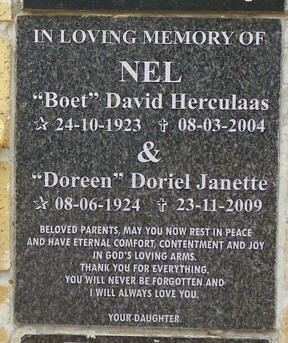 NEL David Herculaas 1923-2004 &amp; Doriel Janette 1924-2009