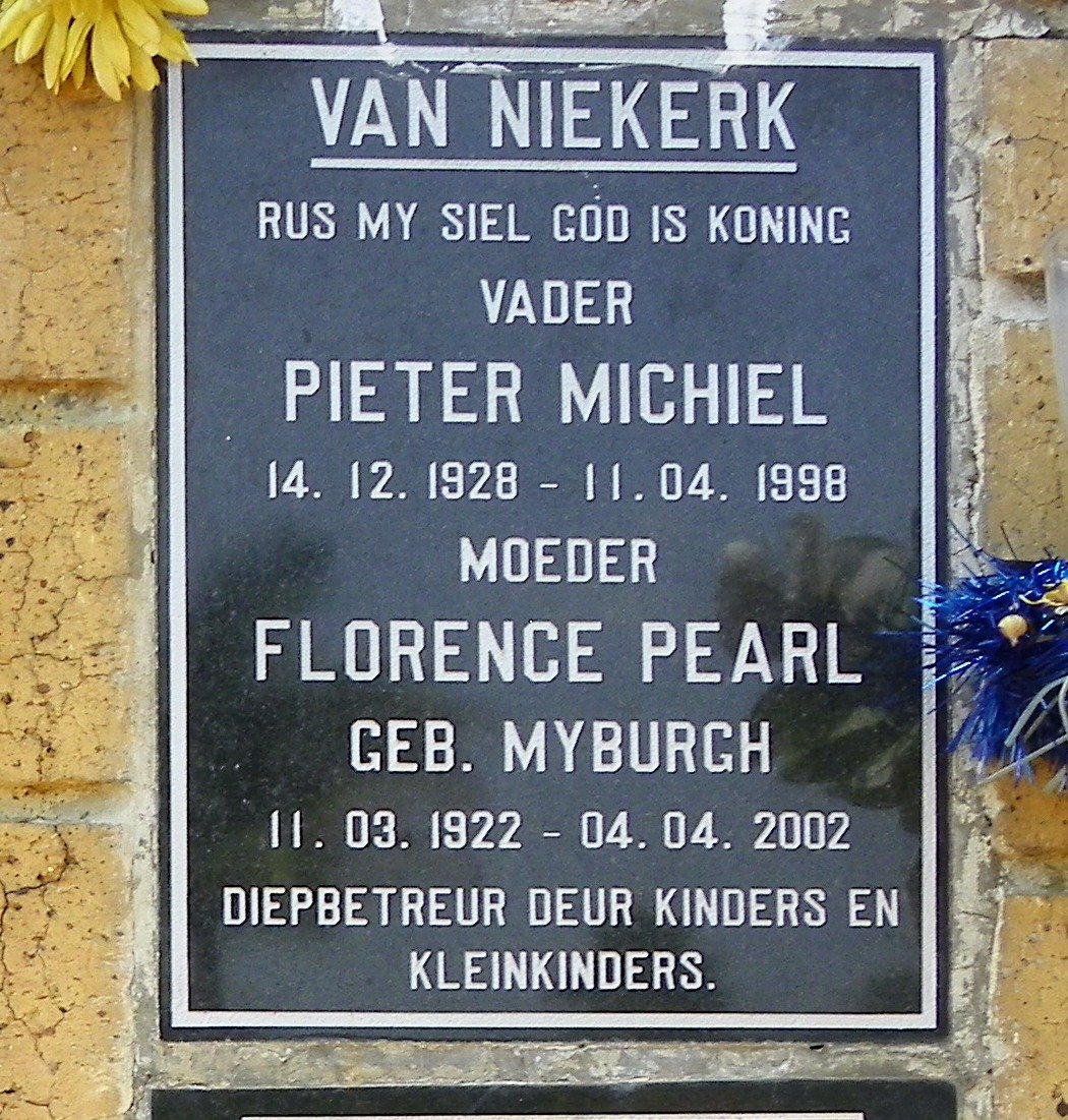NIEKERK Pieter Michiel, van 1928-1998 &amp; Florence Pearl MYBURGH 1922-2002