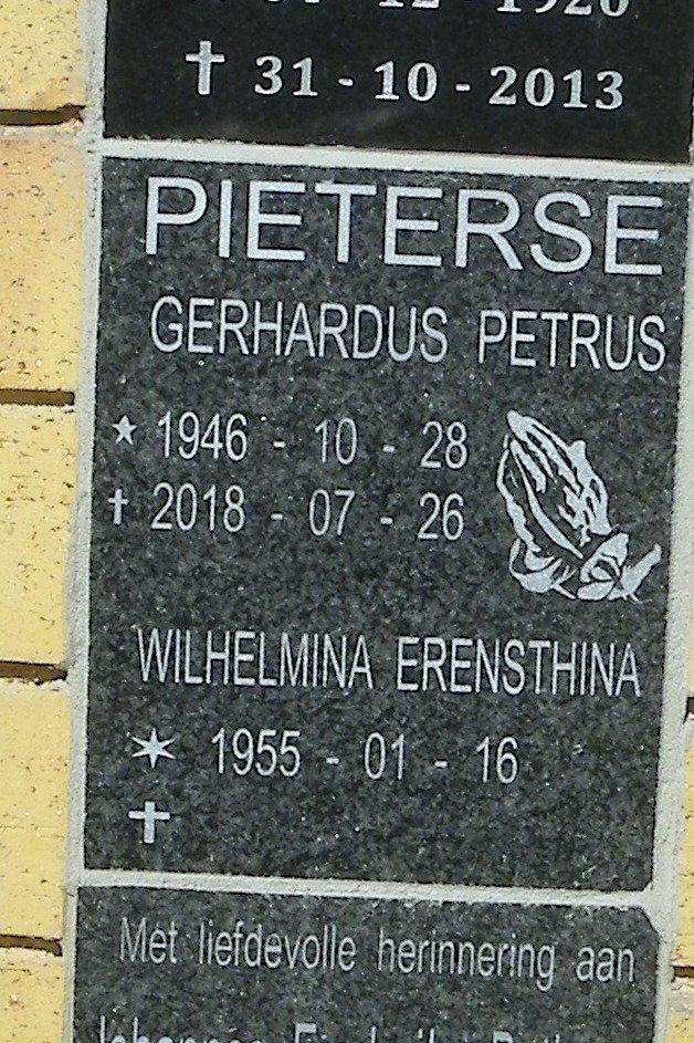 PIETERSE Gerhardus Petrus 1946-2018 &amp; Wilhelmina Ernsthina 1955-