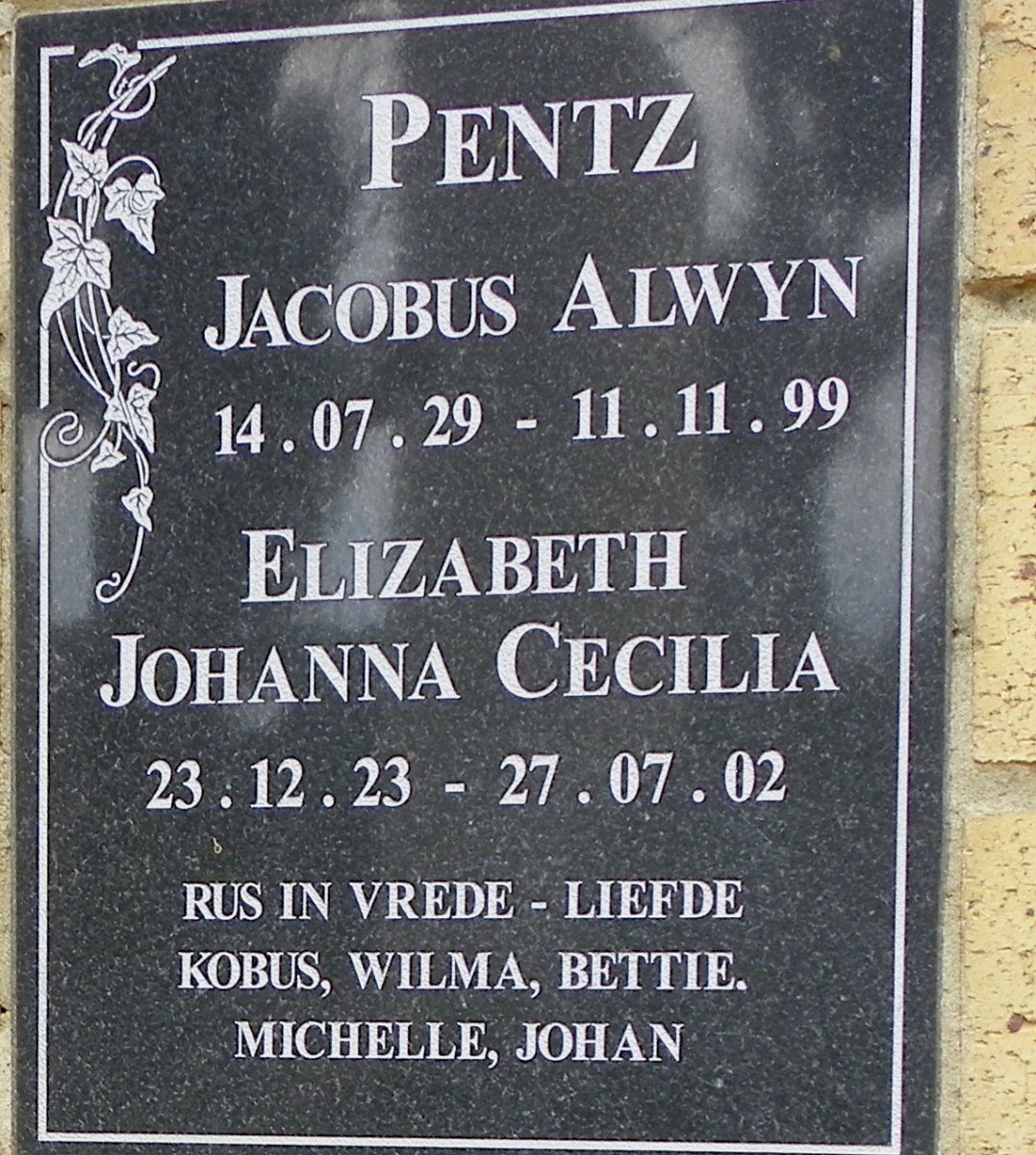 PENTZ Jacobus Alwyn 1929-1999 &amp; Elizabeth Johanna Cecilia 1923-2002