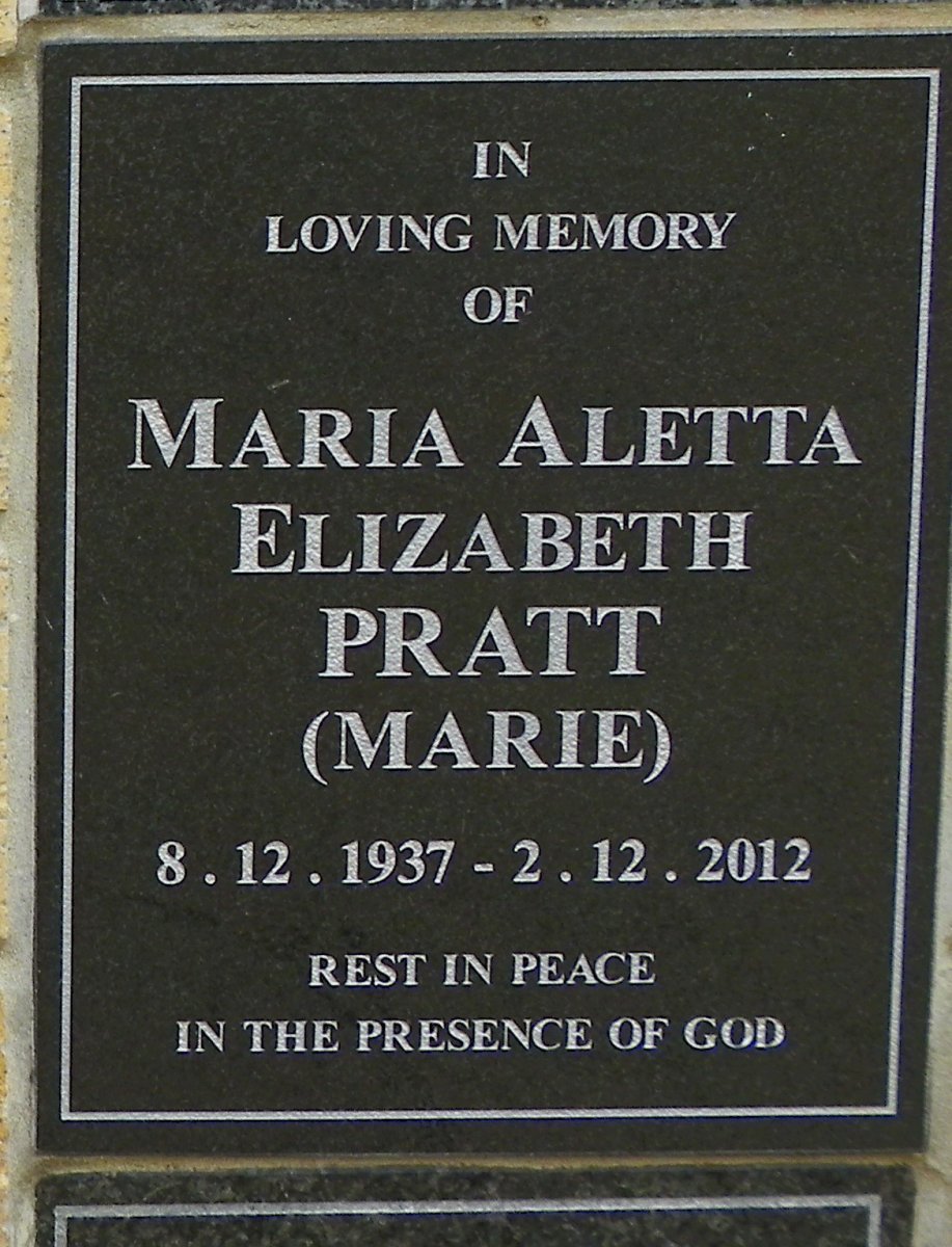 PRATT Maria Aletta Elizabeth 1937-2012