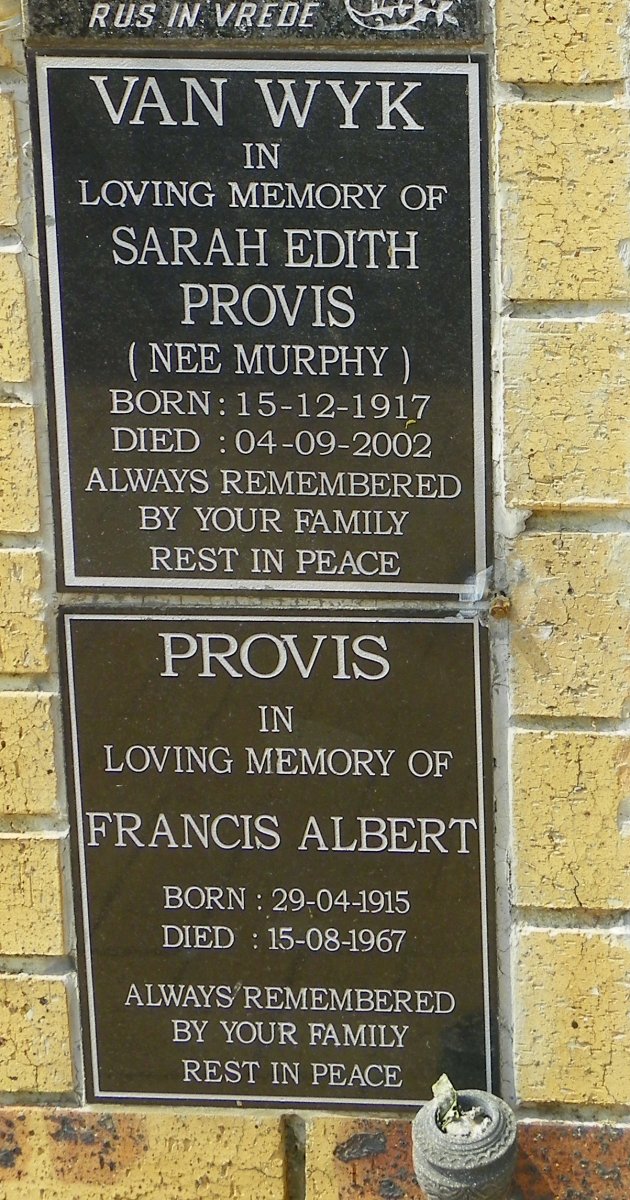 PROVIS Francis Albert 1915-1967 :: VAN WYK Sarah Edith formerly PROVIS nee MURPHY 1917-2002
