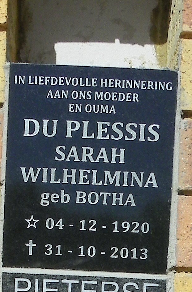 PLESSIS Sarah Wilhelmina, du nee BOTHA 1920-2013