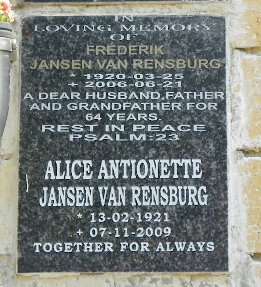 RENSBURG Frederik, Jansen van 1920-2006 &amp; Alice Antionette 1921-2009