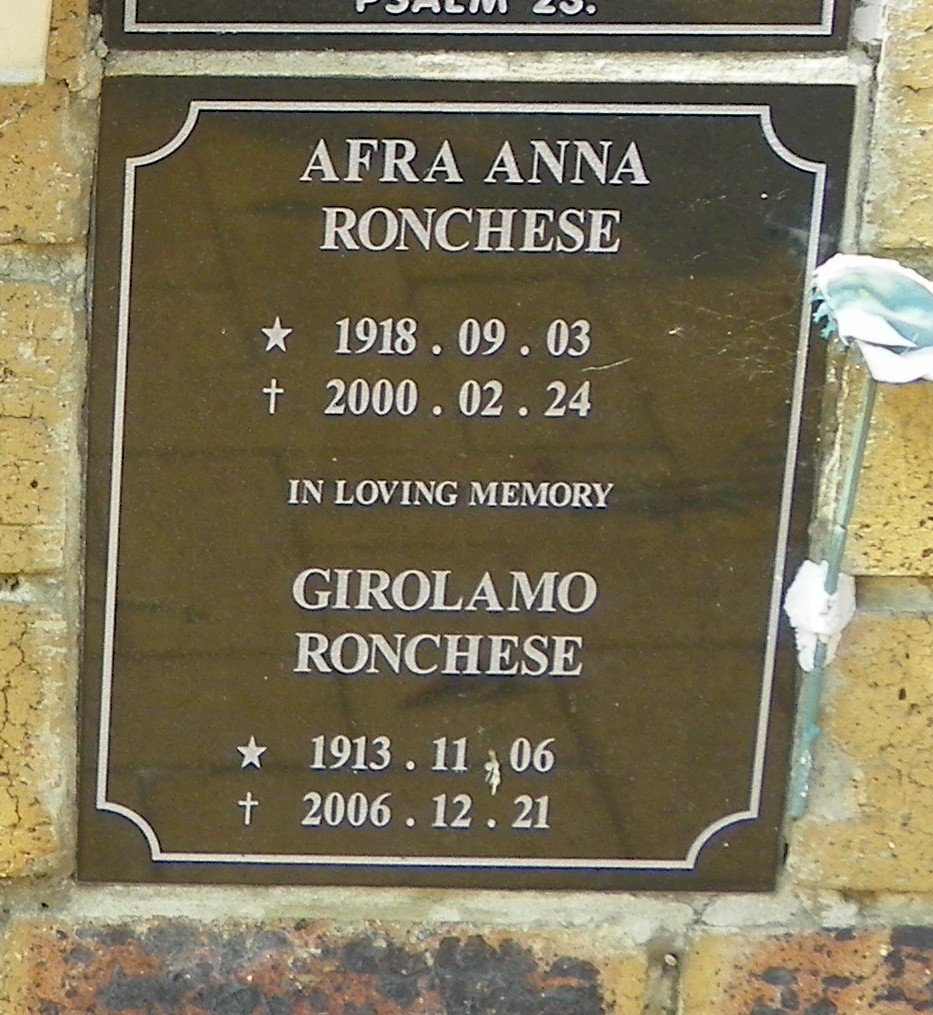 RONCHESE Girolamo 1913-2006 &amp; Afra Anna 1918-2000