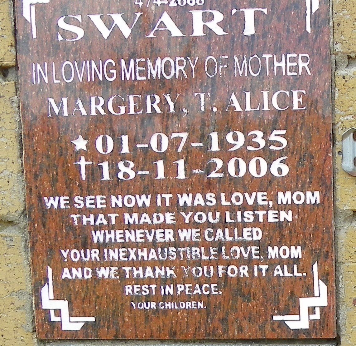 SWART Margery T. Alice 1935-2006