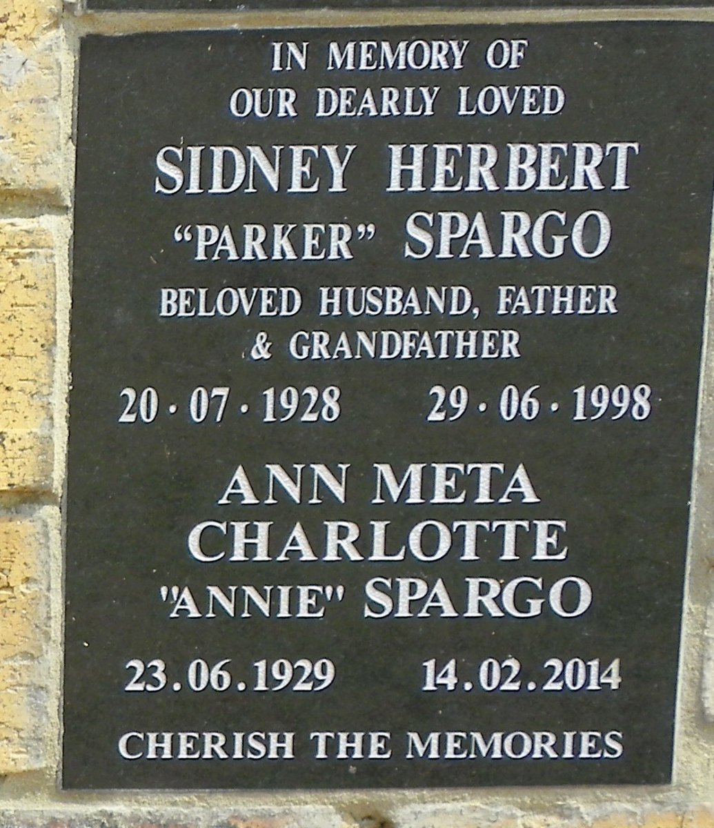 SPARGO Sidney Herbert 1928-1998 &amp; Ann Meta Charlotte 1929-2014