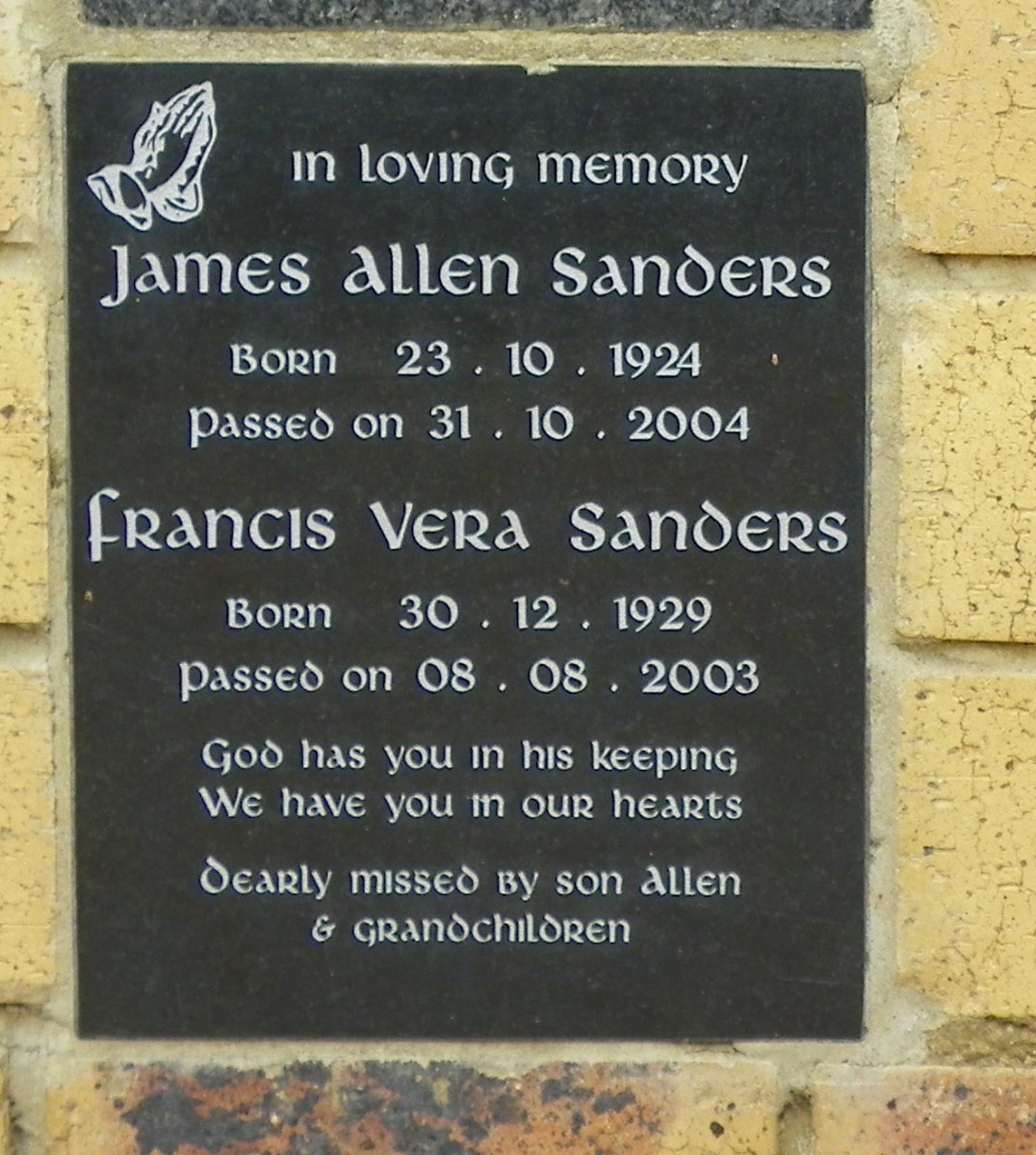 SANDERS James Allen 1924-2004 &amp; Francis Vera 1929-2003