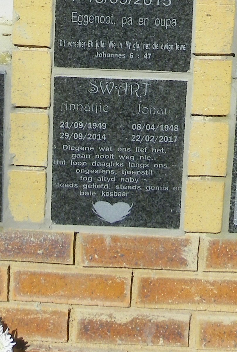 SWART Johan 1948-2017 &amp; Annatjie 1949-2014