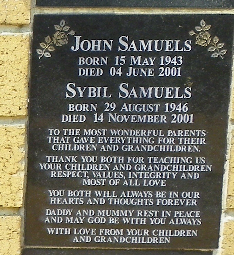 SAMUELS John 1943-2001 &amp; Sybil 1946-2001