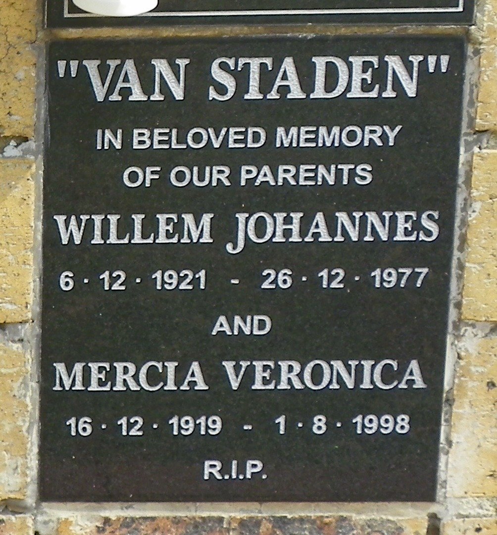 STADEN Willem Johannes, van 1921-1977 &amp; Mercia Veronica 1919-1998