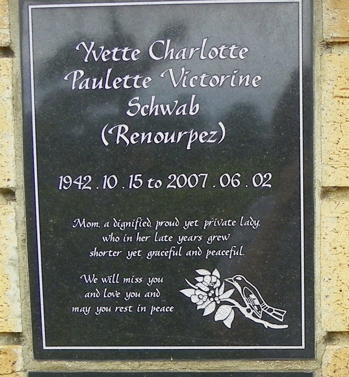 SCHWAB Yvette Charlotte Paulette Victorine nee RENOURPEZ 1942-2007