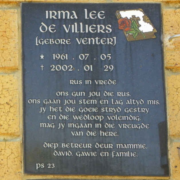 VILLIERS Irma Lee, de nee VENTER 1961-2002