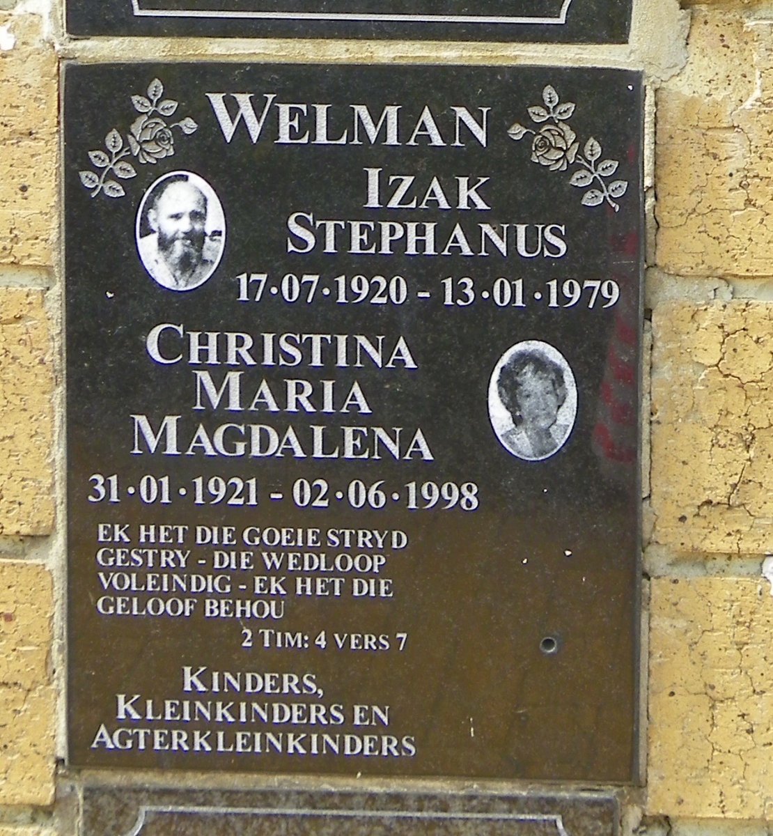 WELMAN Izak Stephanus 1920-1979 &amp; Christina Maria Magdalena 1921-1998