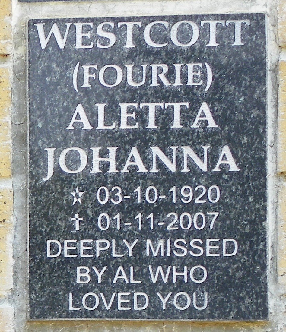 WESTCOTT Aletta Johanna nee FOURIE 1920-2007