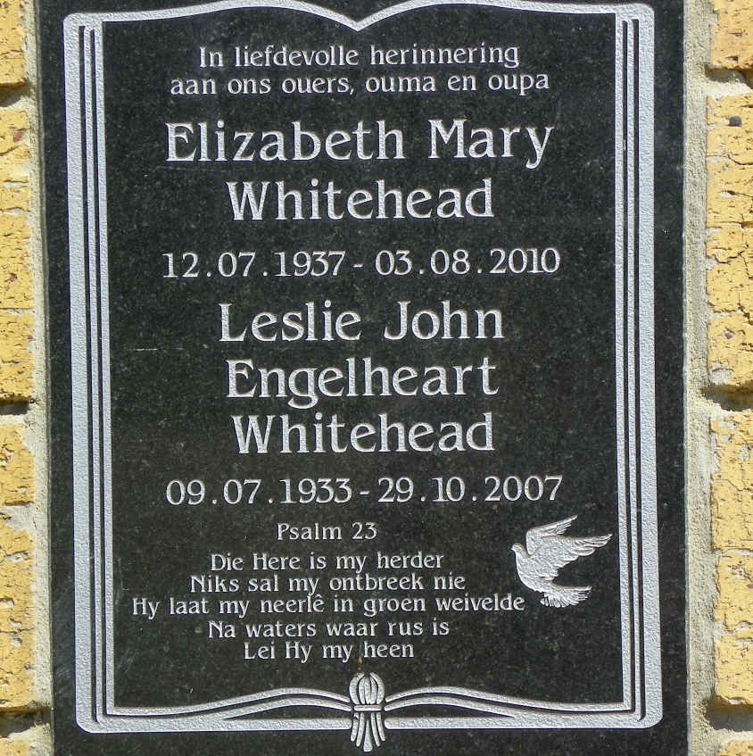 WHITEHEAD Leslie John Engelheart 1933-2007 &amp; Elizabeth Mary 1937-2010