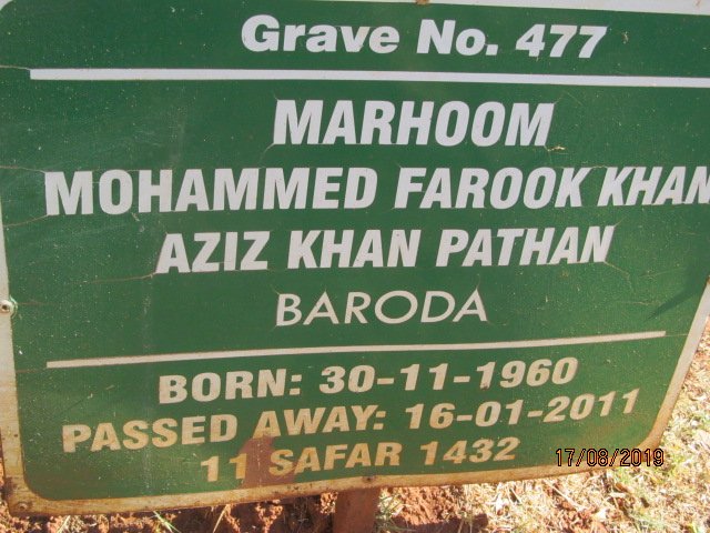 BARODA Marhoom Mohammed Farook Khan Aziz Khan Patham 1960-2011